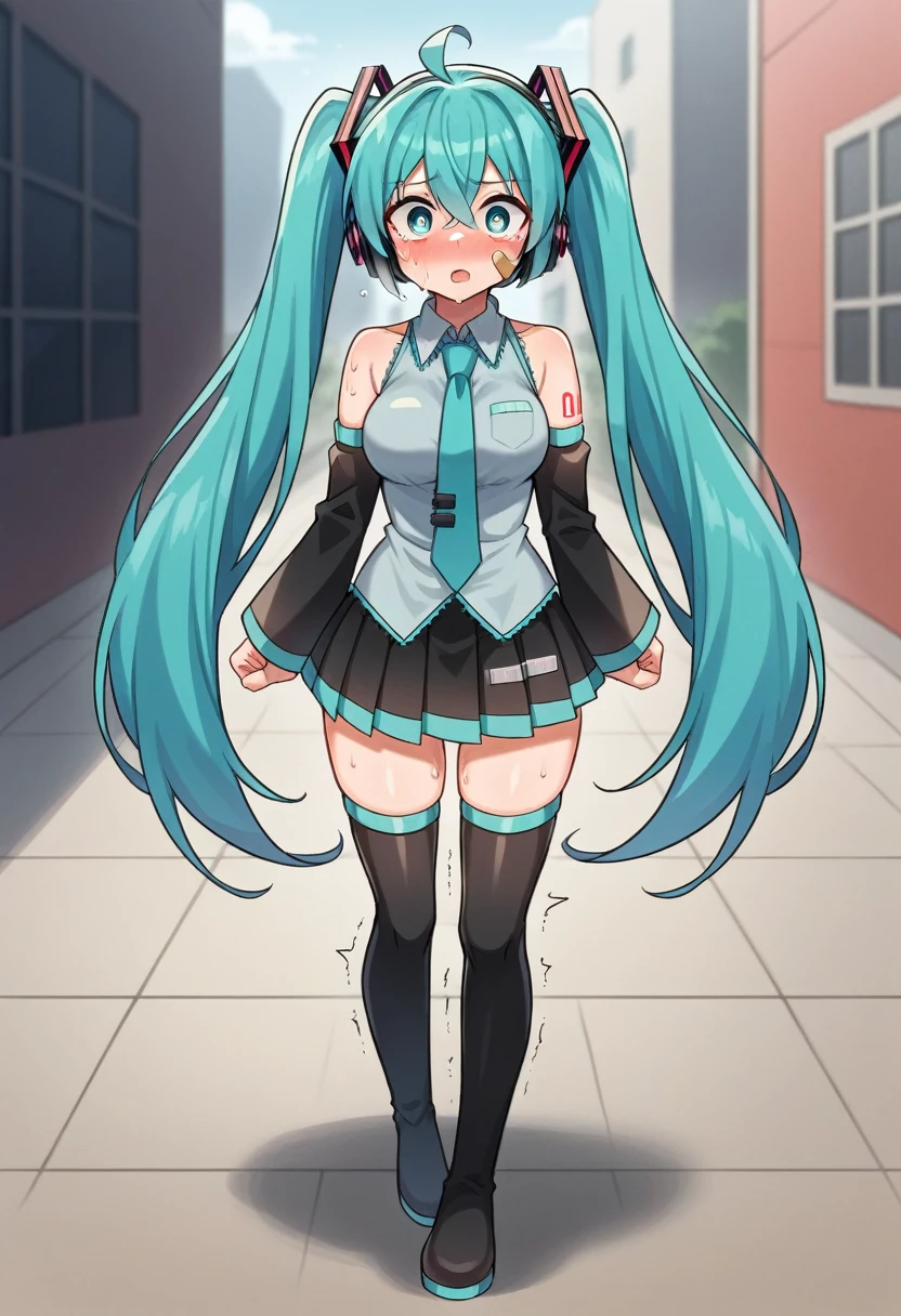 hatsunemiku, miku hatsune, ahoge, aqua eyes, aqua hair, crossed bangs, hair between eyes, hair ornament, headphones, long hair, twintails, BREAK aqua necktie, black footwear, black skirt, black sleeves, boots, collared shirt, detached sleeves, grey shirt, necktie, pleated skirt, shirt, skirt, sleeveless, sleeveless shirt, thigh boots, tie clip, BREAK looking at viewer, BREAK outdoors, city, BREAK (masterpiece:1.2), best quality, high resolution, unity 8k wallpaper, (illustration:0.8), (beautiful detailed eyes:1.6), extremely detailed face, perfect lighting, extremely detailed CG, (perfect hands, perfect anatomy), Get blush, (Best Quality: 1.5), (black-red lingerie panties). (((Twisting the skirt))). Detailed female genitalia. (((Trembling girl ))). Big Breast. get blush. (((Grabbing the hem of the skirt))). Pants with drawstrings on the sides. Full body standing. Pubic tattoo, Face full of scars、Skin shiny with sweat、 injured scared girl、 crying wet bursting out eyes, real tears streaming down face, ultra-detailed eyes,bandaid on face,covered with mud,expression of despair,Illumination that emphasizes shiny sweat{{{Spread }}},(crotch rope walking:1.0)

