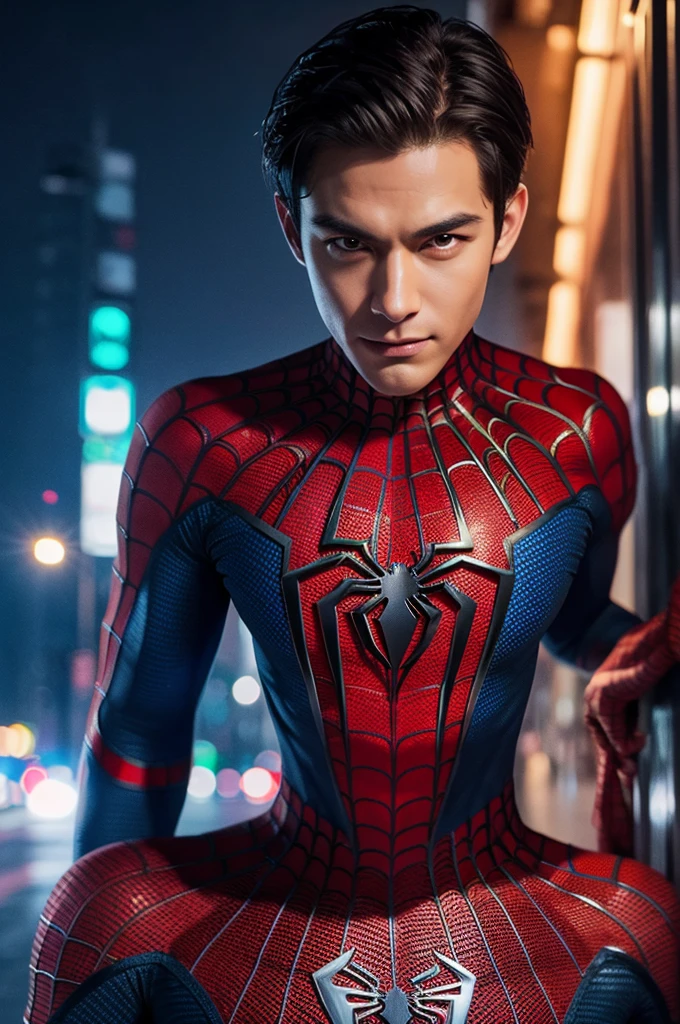 Spiderman Pictures, No mask, 20th Generation, good looking, Detailed face, looking at the camera, Portraiture, 8K Ultra HD, High Quality Night City,rain