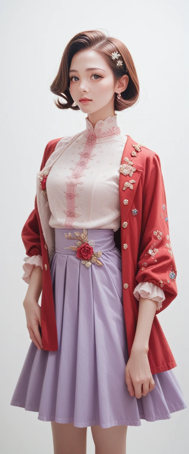 A beautiful woman, 32 years old, Red short hair, shimmering brown eyes, and , and a purple and pink blaser, skirt, and white background, Intricate details,