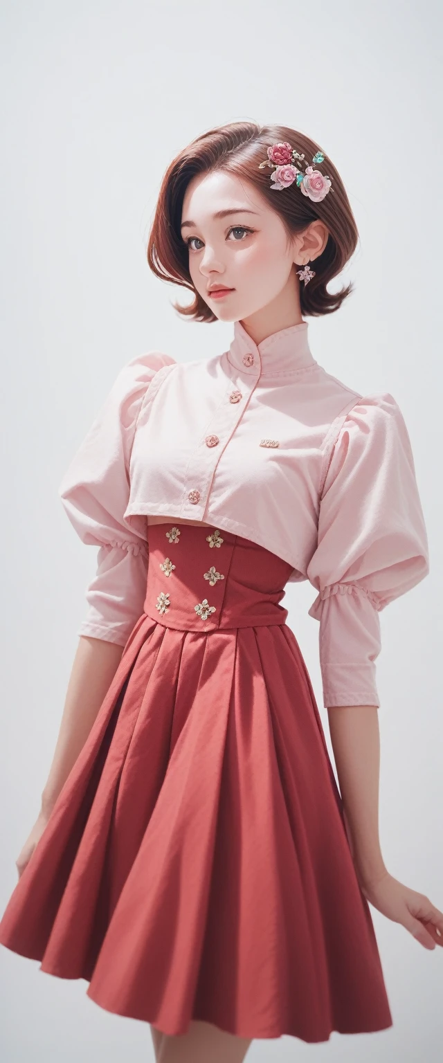 A beautiful woman, 32 years old, Red short hair, shimmering brown eyes, and , and a purple and pink blaser, skirt, and white background, Intricate details,