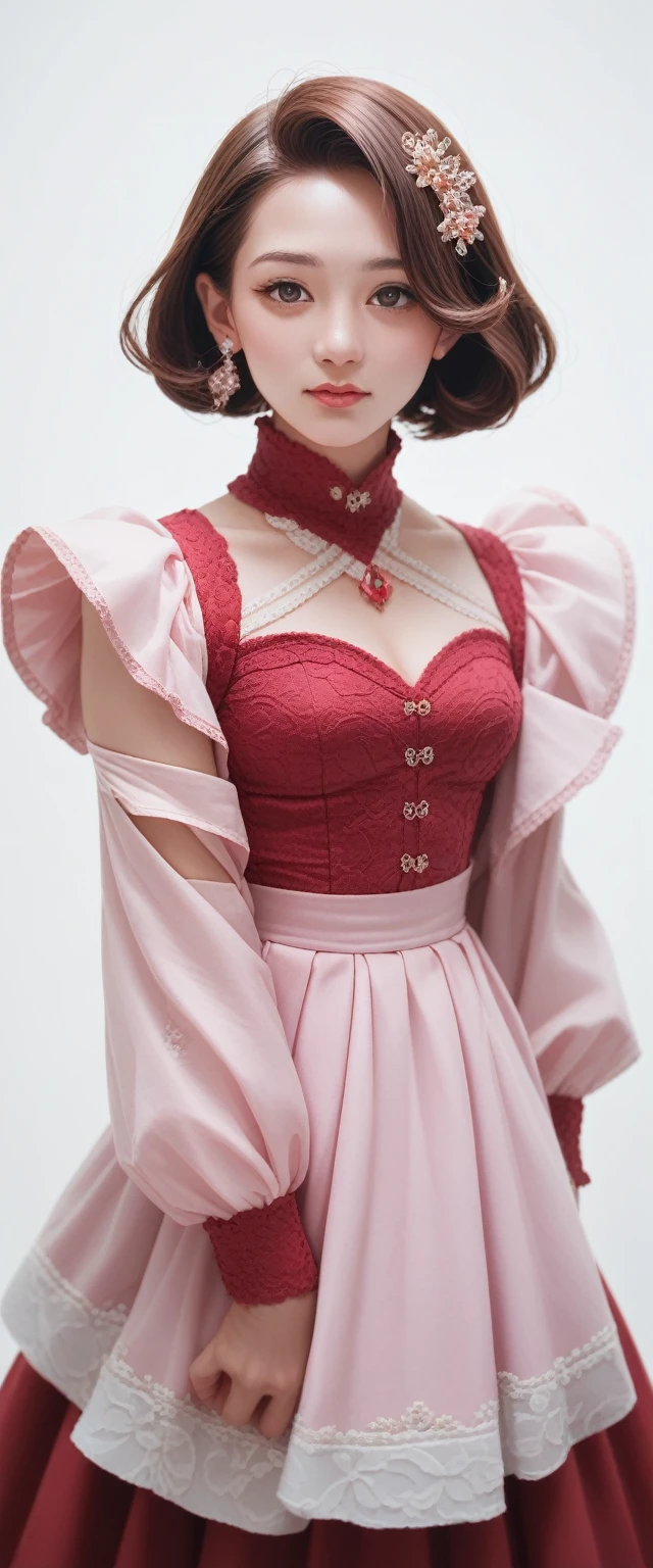 A beautiful woman, 32 years old, Red short hair, shimmering brown eyes, and , and a purple and pink blaser, skirt, and white background, Intricate details,