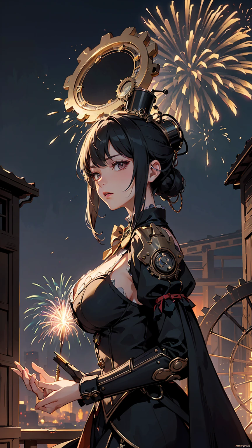 (Highly detailed and realistic CG, masterpiece, Highest quality, Very detailed), steampunk, night,Fireworks explode overhead , Spectacular fireworks display. The fireworks are huge, (Best lighting, Best Shadow, A very delicate and beautiful empress), Cinematic atmosphere, Gorgeous metalwork, gear, clockwork, cigarette, vapor, Period costume, Vibrant colors.