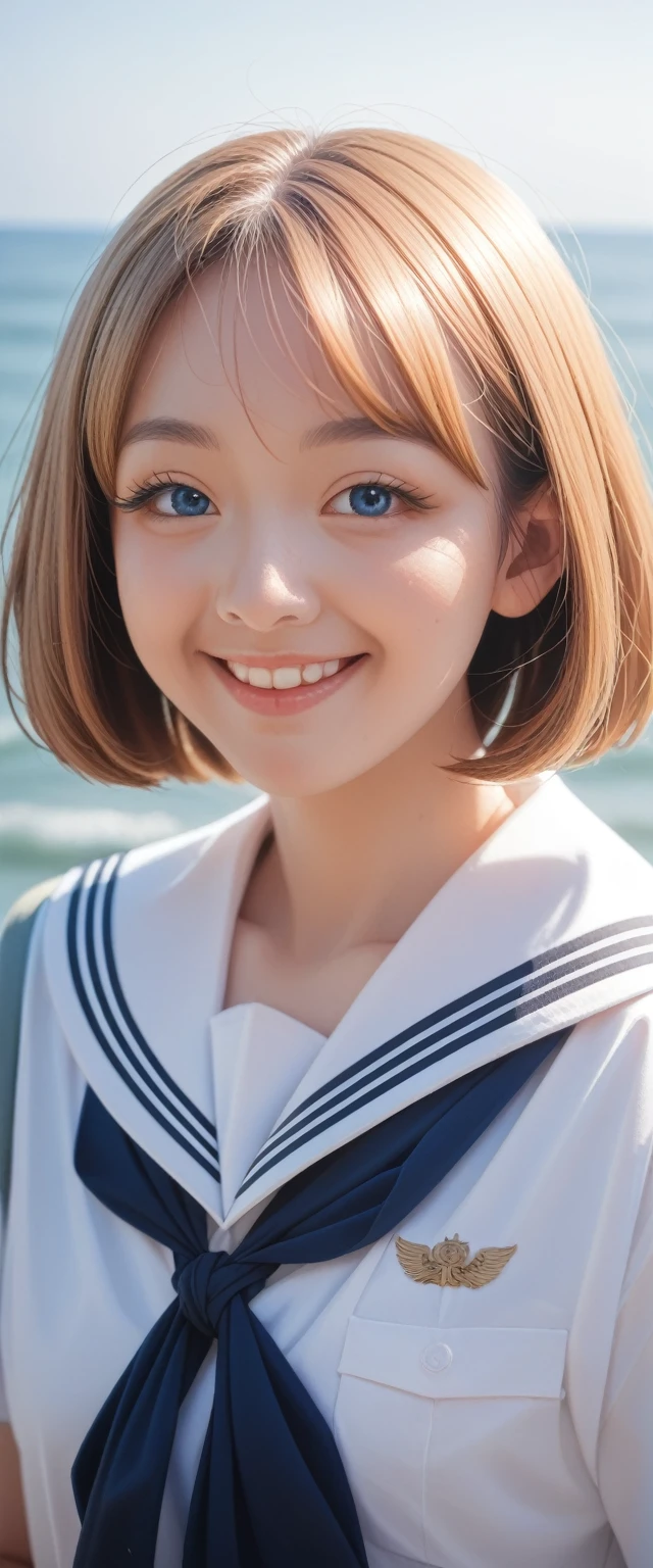 {{masterpiece, best quality, Extremely detailed CG, Unity 8K wallpaper, light, }}, Sony α7, Wide frame, South Pacific, In the war with the Asian powers, The wind blows towards the Aegis ship, 1 girl, whole body, Smile, She is a U.S. Navy sailor., bule, 20 years old, Smile, Blonde Hair, Short Bob, blue eyes , Long eyelashes ,