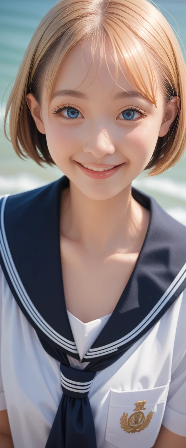 {{masterpiece, best quality, Extremely detailed CG, Unity 8K wallpaper, light, }}, Sony α7, Wide frame, South Pacific, In the war with the Asian powers, The wind blows towards the Aegis ship, 1 girl, whole body, Smile, She is a U.S. Navy sailor., bule, 20 years old, Smile, Blonde Hair, Short Bob, blue eyes , Long eyelashes ,