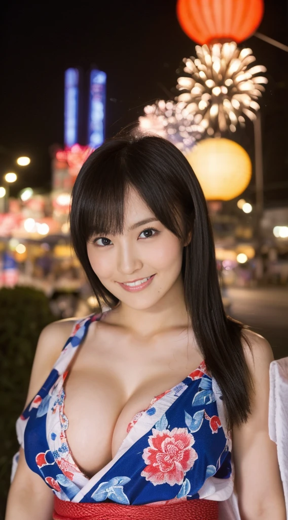 ((Masterpiece,Highest quality,Highest quality,8k,16K,Ultra-high resolution,Extremely detailed,Hyper Quality)),Japanese,Yamato Nadeshiko,Female college student,Beauty,clear,pure,Cute Girls,Large Breasts(G Cup),yukata,Summer festival,firework,night,(Summer festivalのnightに女の子がyukataをきちんと着こなしfireworkをバックに楽しそうに佇んでいる様子)
