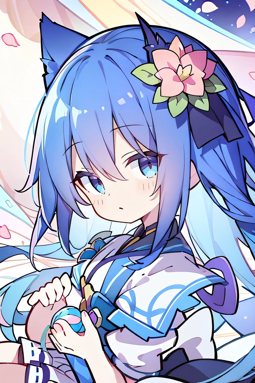 (masterpiece:1.2),Super detailed,lifelike,Expressive eyes,fair skin,perfect face shape,1 girl,
Japanese comics,Gorgeous blue hair,flowing blue hair,flowing clothes,Cat ears,Petals fall,beautiful lola,Baby Angel,
Shaking head with one hand,Cross your legs,,The pavilion is cool and comfortable,smile,back views,sunrise,Petals fall