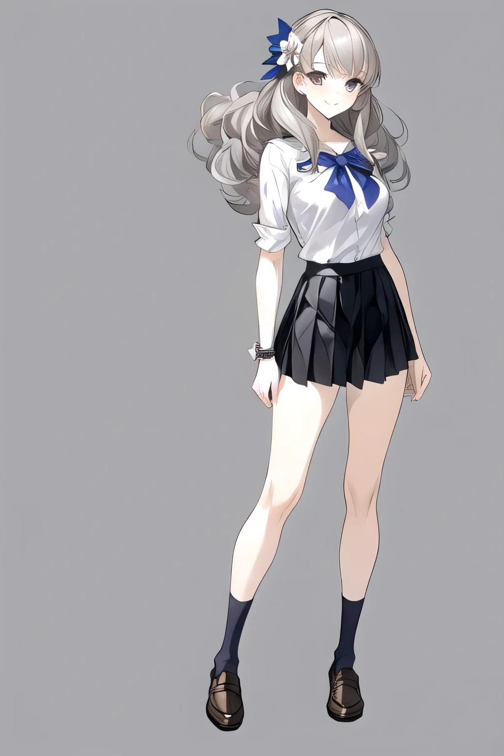 masterpiece, best quality,fuyusaka iori 1, 1girl, solo, hair flower, white shirt, short skirt, black skirt, pleated skirt, shoes, hair ornament, flower, long hair, full body, socks, gray hair, white flower, gray eyes, looking at viewer, white background, middle breast, smile, shameful face, slander, standing, loafers, cowboy shot, perpect arms, adult, naked thigh