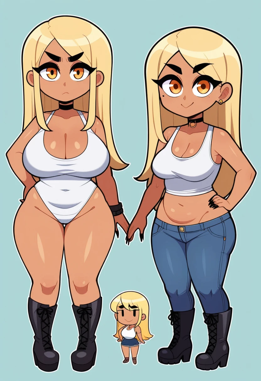 Expressiveh, egirlthot, chibiIcon, , score_9, score_8_up, score_8, (top quality,8k wallpaper),(masterpiece,best quality:1.2), ((source_anime, anime)), 1girl, , goat pupils, gyaru, ((very light blonde hair, long hair, )), old, mother, milf, , ,, tan skin, makeup, tan skin, saggy breasts, saggy, amused eyes, amused smile, , , wide eyes, jealous, jealousy, very jealous, yandere, , , blonde eyebrows, , obsessive, , black mascara, black eyeliner, yellow eyes, , , , , big sister, , large eyes, beauty mark, , giggling, laughing , , athletic , long fingernails,s1z3d1ff_t4lk, taller girl, standing, legs straight, , [[from below]:0.5], pov, eye contact, chibi, icon, cartoon, big head, wide hips, wide torso, plump, big eyes, full body, character sheet, various angles, white tanktop, denim jeans, platform boots, choker, 