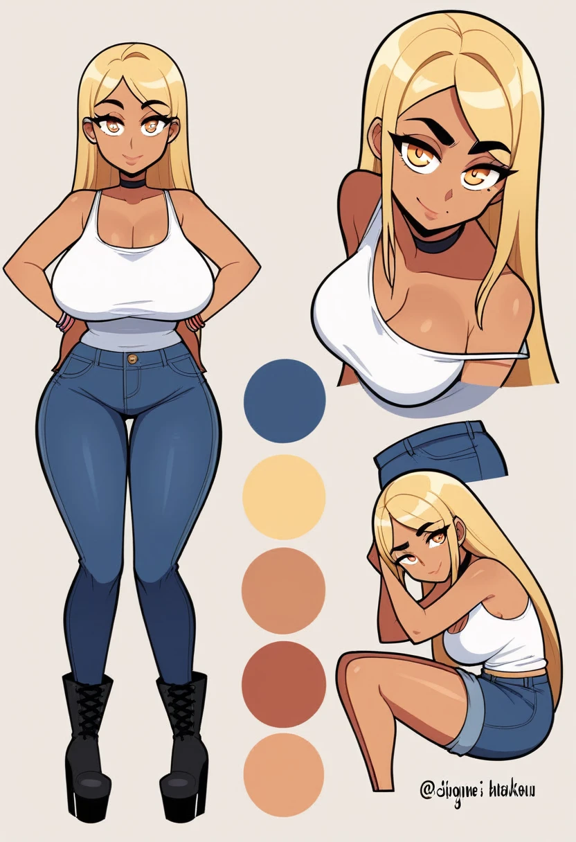 Expressiveh, egirlthot, chibiIcon, , score_9, score_8_up, score_8, (top quality,8k wallpaper),(masterpiece,best quality:1.2), ((source_anime, anime)), 1girl, , goat pupils, gyaru, ((very light blonde hair, long hair, )), old, mother, milf, , ,, tan skin, makeup, tan skin, saggy breasts, saggy, amused eyes, amused smile, , , wide eyes, jealous, jealousy, very jealous, yandere, , , blonde eyebrows, , obsessive, , black mascara, black eyeliner, yellow eyes, , , , , big sister, , large eyes, beauty mark, , giggling, laughing , , athletic , long fingernails,s1z3d1ff_t4lk, taller girl, standing, legs straight, , [[from below]:0.5], pov, eye contact, chibi, icon, cartoon, big head, wide hips, wide torso, plump, big eyes, full body, character sheet, various angles, white tanktop, denim jeans, platform boots, choker, 
