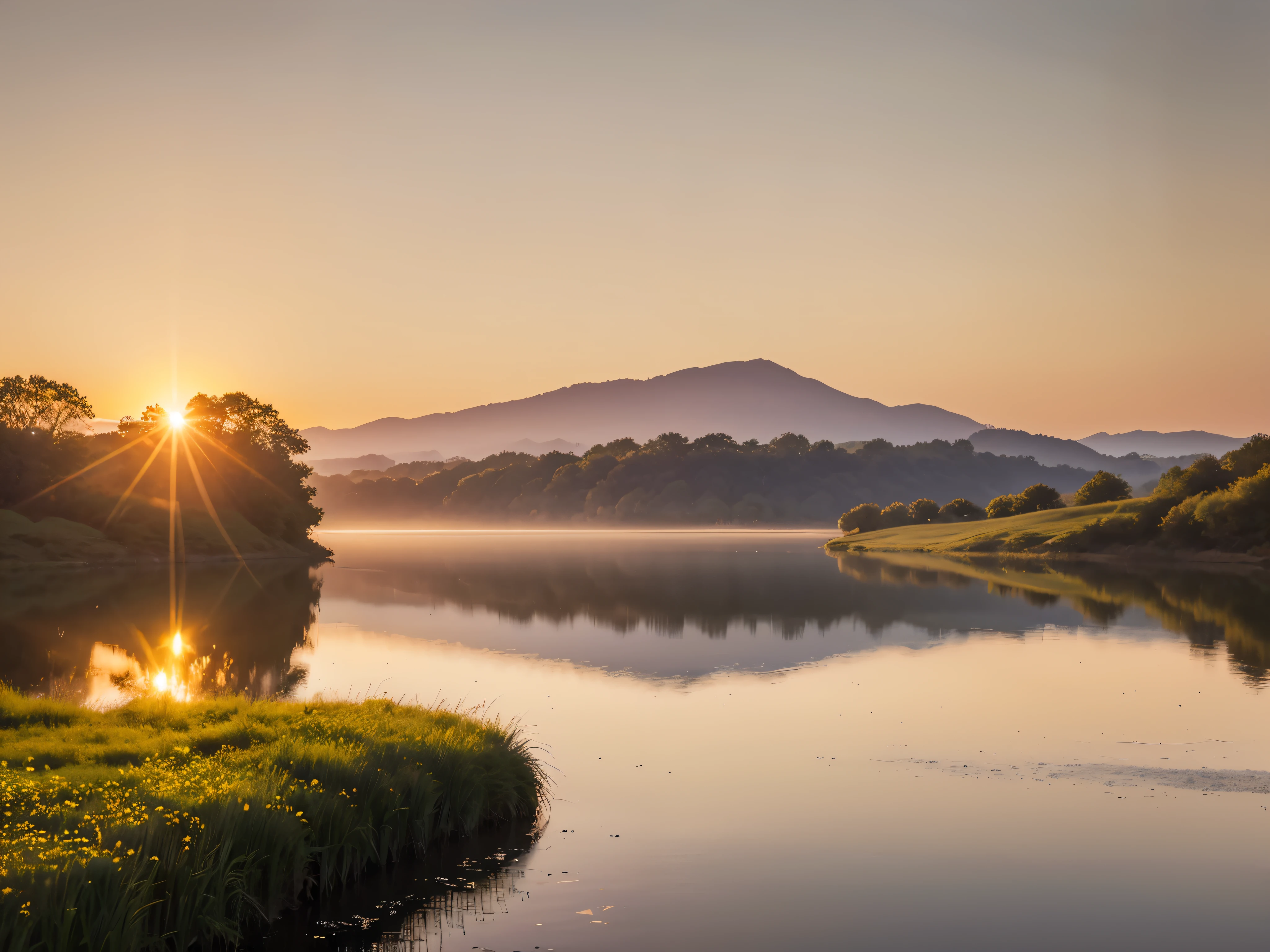 a serene morning landscape, a beautiful golden sunrise over the horizon, a lush meadow with wildflowers, a tranquil lake reflecting the sky, a lone tree silhouetted against the dawn sky, birds taking flight, atmospheric lighting, warm color tones, cinematic composition, (best quality,4k,8k,highres,masterpiece:1.2),ultra-detailed,(realistic,photorealistic,photo-realistic:1.37),landscape,nature,morning,dawn,scenic,peaceful,idyllic,serene,atmospheric,cinematic