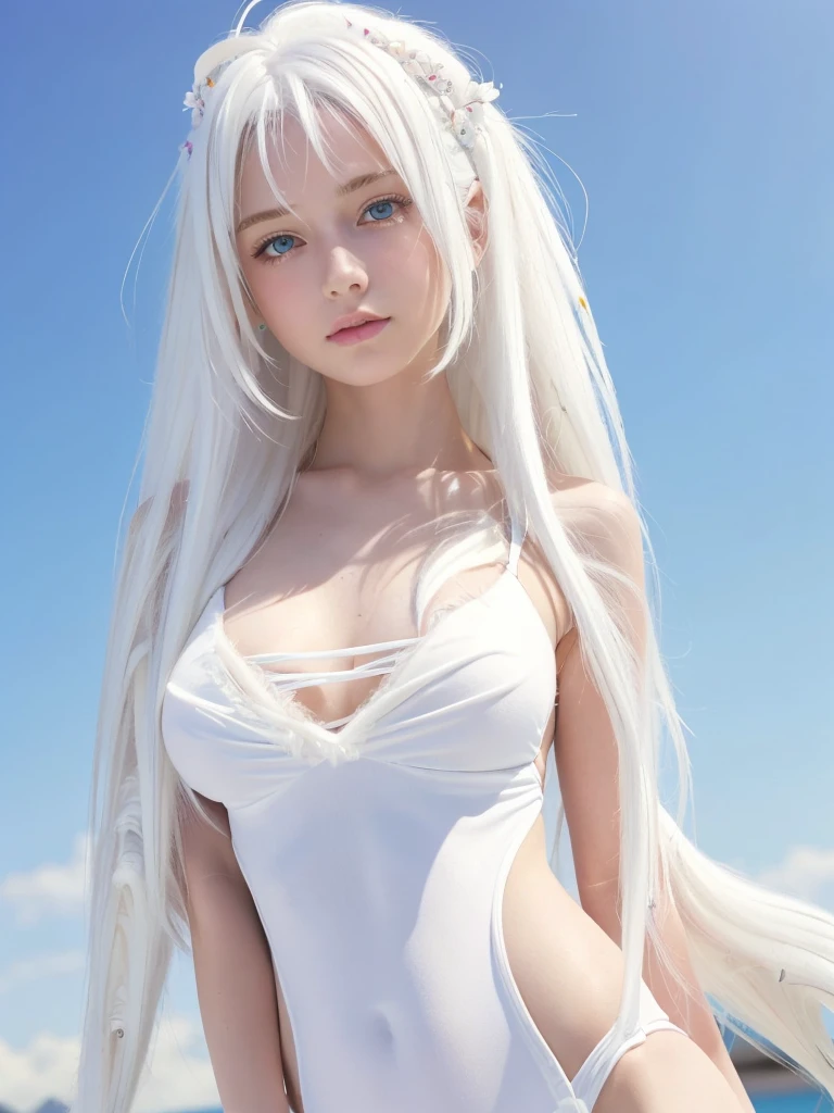 {{masterpiece}},{{highest quality}},enlightenment,1 perfect portrait of a girl, Colorful hair, (white+white soft hair:1.6), blue eyes,Long and slim body type, Fantasy pink background, {lean forward a little},{shy}, head tilt,{small breasts} ,movie lighting,((seductive pose)), ((swimsuit)), fullbody