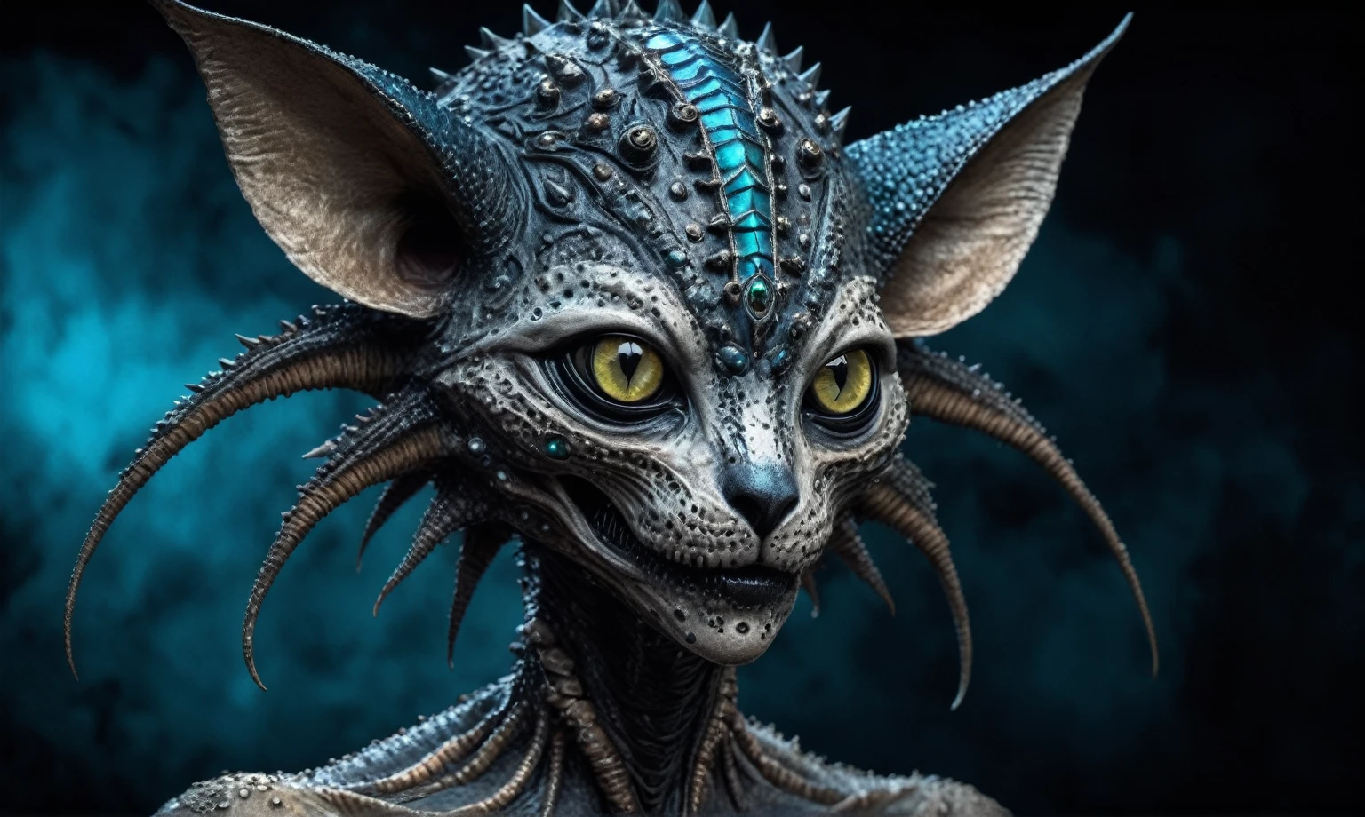 full body length shot,nerd graphite  Alien Entity,native africa slave ,azctec Finnish Lapland,Cinematic,soft colors, Technicolor,natural skin textures, hyper realism, hyper detailed,Extremely detailed,High contrast,Masterpiece,Realistic,Ultra Detailed, intricate details,realistic humid leather,extremely intricate details,Epic Realistic, cinematic style, irina yermolova,high contrast,hdr,extremely detailed, [deep night landscape],masterpiece, intricate details, eyes extremely detailed, high detailed eyes,8k resolution,retina, Nikon Z9,Korea,orc,Egypt, Pisces, transition between two art styles,full body length, Double contact, X-ray, Creative, vivid light, fantasy, Abstract, Surrealism, super detailed, high resolution,insanity national folk wear,skin  almost translucent, gothic elements,Mestichino,Light particles,chaos,starfish's leather,"(The best lighting, dark, dramatic),(alien cat half-skull fetus, Hellraiser, Scars, , poison brain, , a rat inside the head, terror.),(fish eyes, calaveras