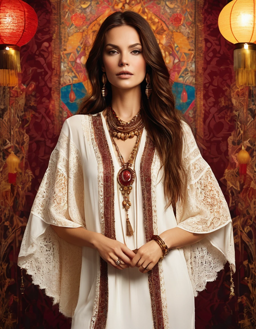 A bohemian-inspired fashion scene featuring a woman wearing a white lace tunic with intricate patterns. with her long brown shininy hair,She stands against a backdrop of rich, deep red and gold tapestry, with an array of colorful and exotic jewelry adorning her neck and wrists. The scene is illuminated by the soft light of hanging lanterns, creating a warm and inviting atmosphere.