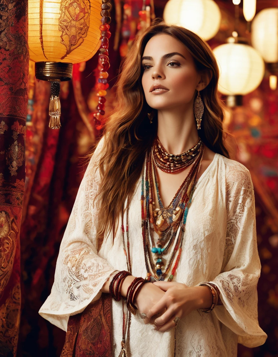 A bohemian-inspired fashion scene featuring a woman wearing a white lace tunic with intricate patterns. with her long brown shininy hair,She stands against a backdrop of rich, deep red and gold tapestry, with an array of colorful and exotic jewelry adorning her neck and wrists. The scene is illuminated by the soft light of hanging lanterns, creating a warm and inviting atmosphere.
