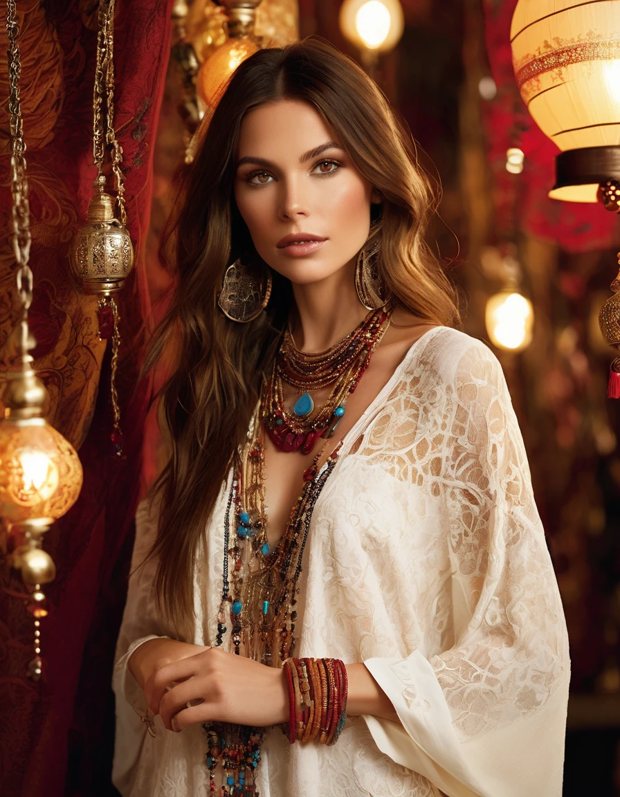 A bohemian-inspired fashion scene featuring a woman wearing a white lace tunic with intricate patterns. with her long brown shininy hair,She stands against a backdrop of rich, deep red and gold tapestry, with an array of colorful and exotic jewelry adorning her neck and wrists. The scene is illuminated by the soft light of hanging lanterns, creating a warm and inviting atmosphere.