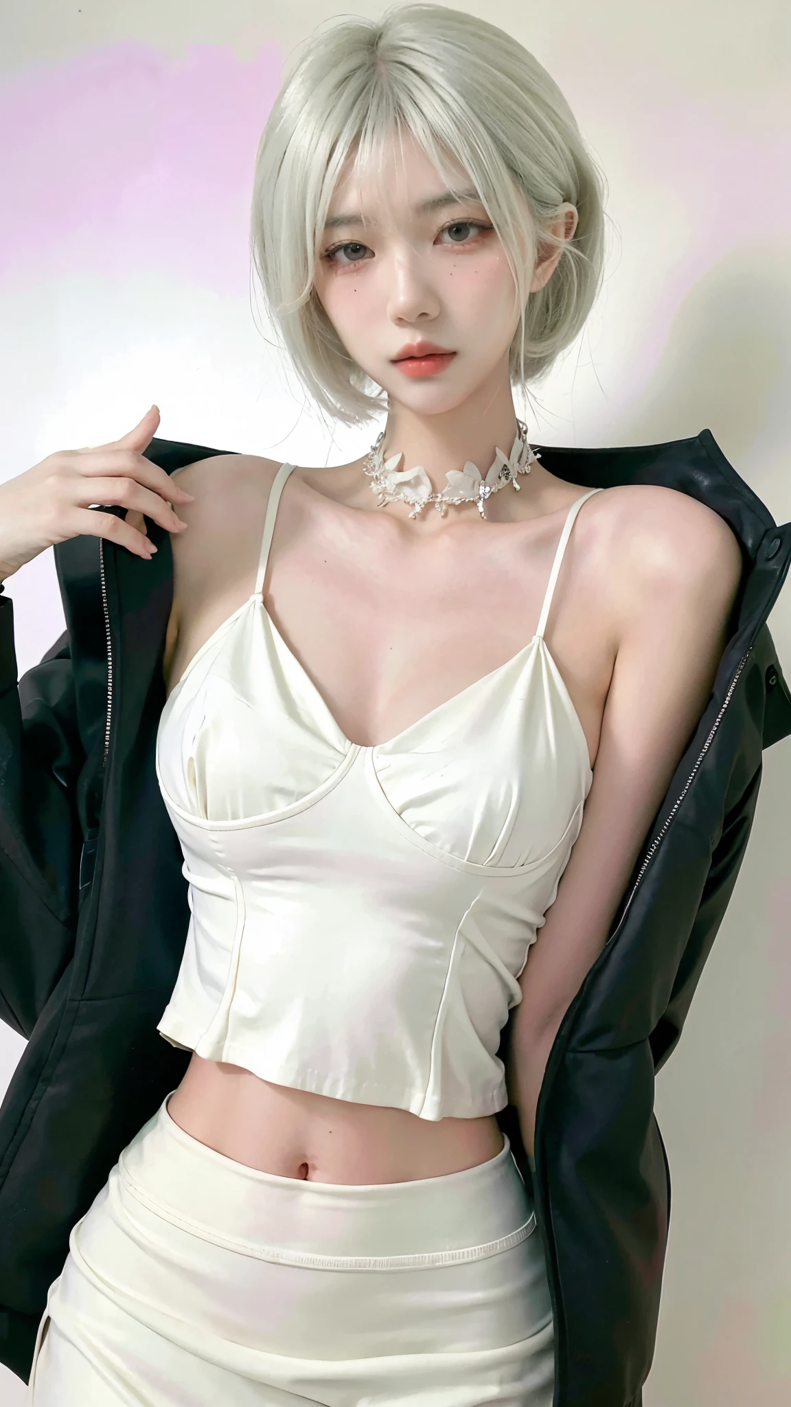 Beautiful woman with perfect figure:1.4,Ultra-high resolution,White background,(lifelike:1.4),Layered Hairstyle,White skin,Bikini:1.5,Super short pleated skirt,whole body,Very delicate face and skin texture,Double eyelids,Skin Whitening,short hair,White hair