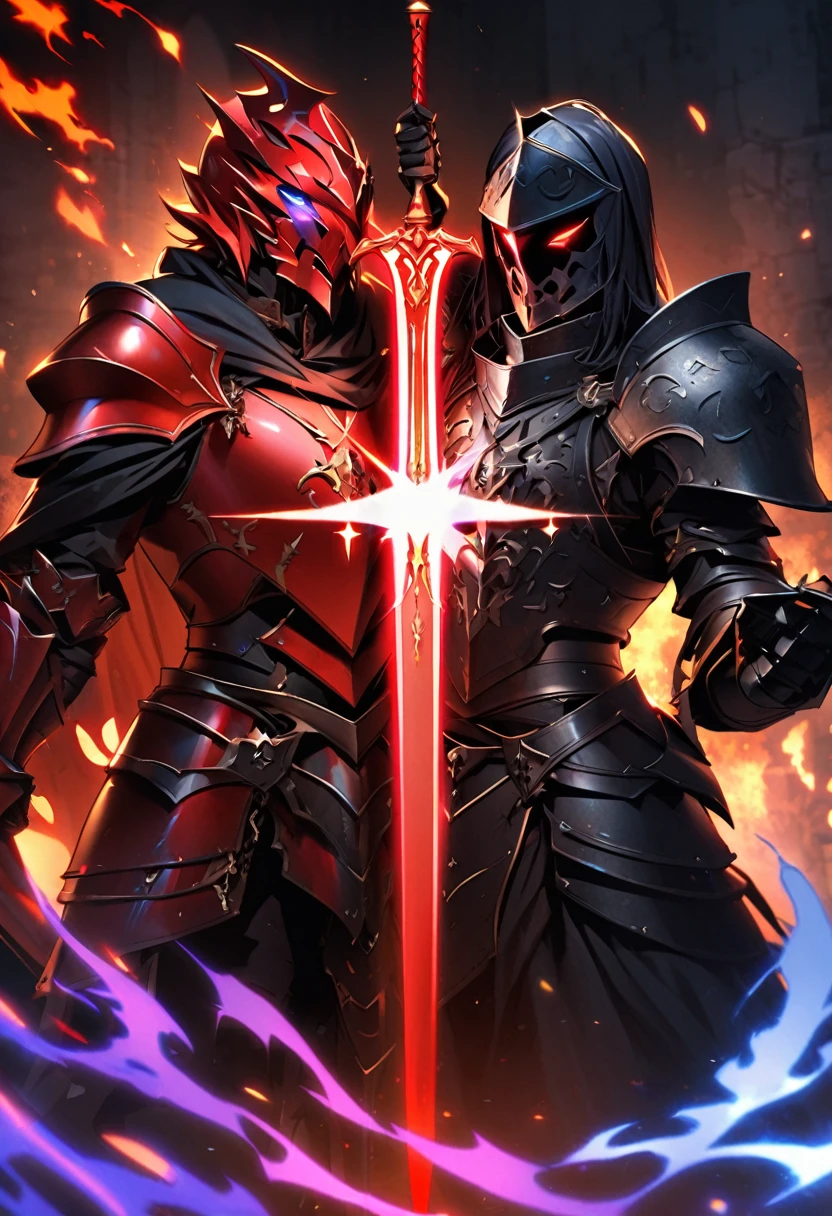 create an image with 2 figures standing facing each other  ,the first a medieval knight in black armor with illuminated red eyes, with a sword that glows blue, and the second a medieval knight in flaming red armor with a black sword with his eyes glowing purple