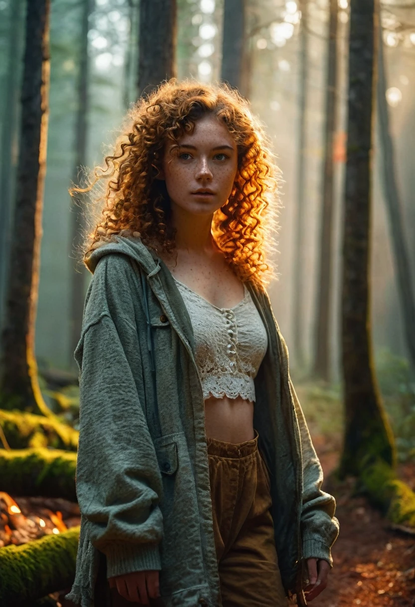rmx, full body, beautiful girl, physical rendering photo of an 21 year old girl, curls, freckles, outdoor clothes, inside a forest background, light on face, dream, magical atmosphere, cinematic lighting, embers, fantasy, action pose, mist, CRU photo, 8k uhd, film grain