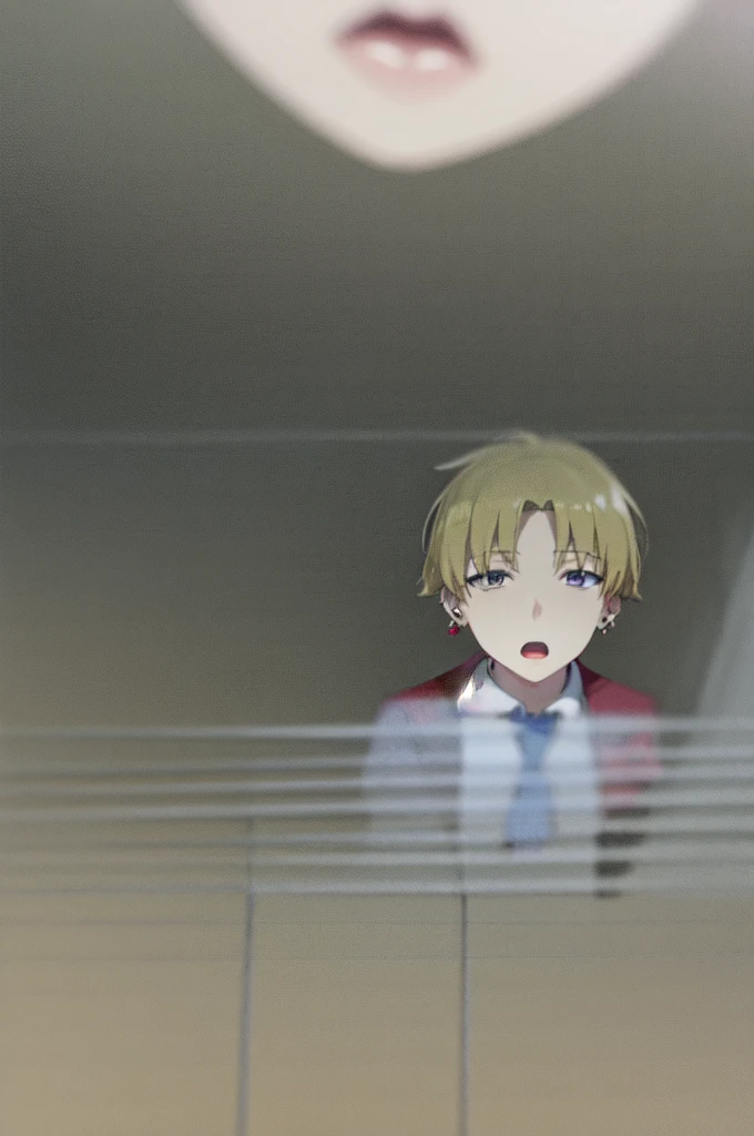 Masterpiece, best quality, 1boy, upper body, necktie, (black ear piercing), simple backround, blonde hair, expressionless, short hair, jacket, looking at viewer, red jacket, from below, selfie, open mouth