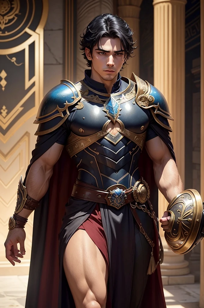 perseus, with an attractive and seductive appearance, exudes an aura of confidence and power. Her short and stylized black hair, in a modern aesthetic cut, gives it a fresh and youthful look, accentuating your defined and masculine facial features. his eyes, of a deep blue color, They shine with determination and a spark of charm that does not go unnoticed. Her strong jaw and shapely lips complete her seductive look.. The armor he wears is a masterpiece of Greek forging, with a Greek tunic fitted perfectly to his athletic and muscular body. Forged in shiny bronze, The armor highlights his pectorals and abs, providing both protection and visual appeal. Design includes intricate details running across the chest and shoulders, with a short cape of red cloth that falls on his back, adding a touch of majesty. The bracelets and greaves complement the set, highlighting his strong and well-formed arms and legs. With a sword at his side and a shield on his back, perseus irradia una mezcla irresistible de peligro y seducción, ready to face any challenge with courage and style.
