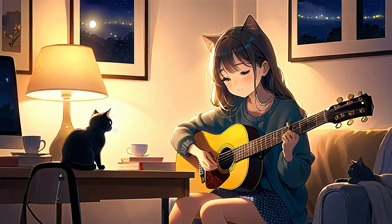 night,
Girl sitting in a cozy corner, Playing guitar.
The soft light of the desk lamp illuminated her thoughtful expression.., Displays a highly focused and calm demeanor.
Her gentle eyes soothe people's hearts..
Add atmosphere to a quiet evening, Creating Peace、Calm atmosphere,Cat and.
