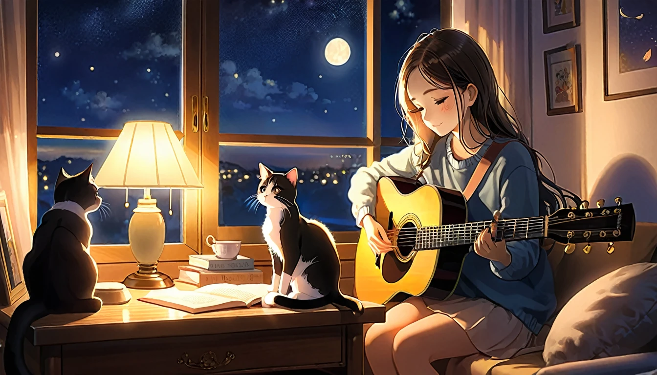 night,
Girl sitting in a cozy corner, Playing guitar.
The soft light of the desk lamp illuminated her thoughtful expression.., Displays a highly focused and calm demeanor.
Her gentle eyes soothe people's hearts..
Add atmosphere to a quiet evening, Creating Peace、Calm atmosphere,Cat and.