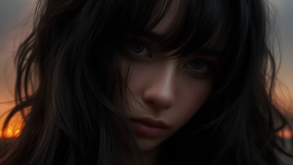 woman with black hair, grey-eyed, Caucasian skin, lying surrounded, grunge style, bangss, small eyes, Bela , 8k, white wigs,sunset, 2000s, toned full body