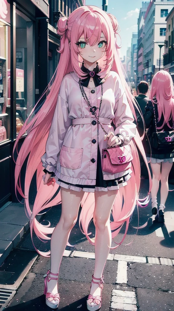 (street snap, Wearing CHANEL and looking happy. )(((masutepiece))) fullllbody(1 girl)((Pink hair, Long hair,Straight hair,two side up)) (Green eyes),eyeshadows, eye line,gloweyes, ultradetailed eyes, intricate eyes, Beautiful eyes, ((Glowing pink pupils))a 18 year old girl,