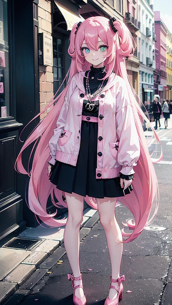 (street snap, Wearing CHANEL and looking happy. )(((masutepiece))) fullllbody(1 girl)((Pink hair, Long hair,Straight hair,two side up)) (Green eyes),eyeshadows, eye line,gloweyes, ultradetailed eyes, intricate eyes, Beautiful eyes, ((Glowing pink pupils))a 18 year old girl,