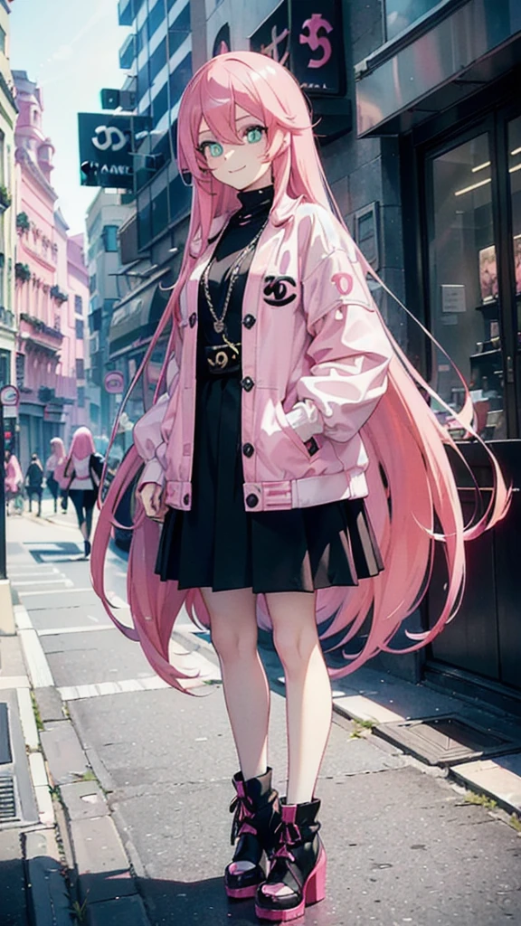 (street snap, Wearing CHANEL and looking happy. )(((masutepiece))) fullllbody(1 girl)((Pink hair, Long hair,Straight hair,two side up)) (Green eyes),eyeshadows, eye line,gloweyes, ultradetailed eyes, intricate eyes, Beautiful eyes, ((Glowing pink pupils))a 18 year old girl,