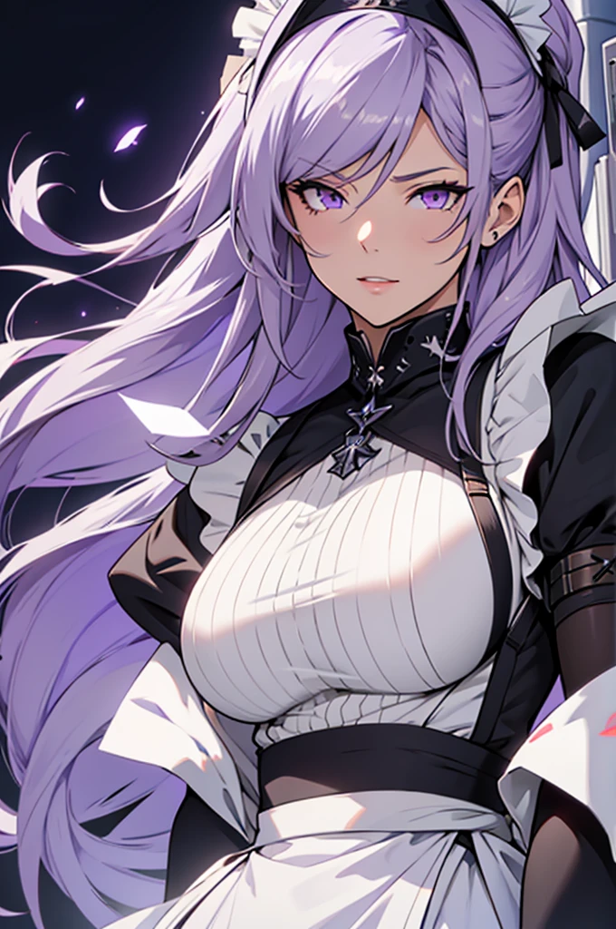 A woman, long gray hair, Maid, purple eyes, azur lane anime character, Belfast 