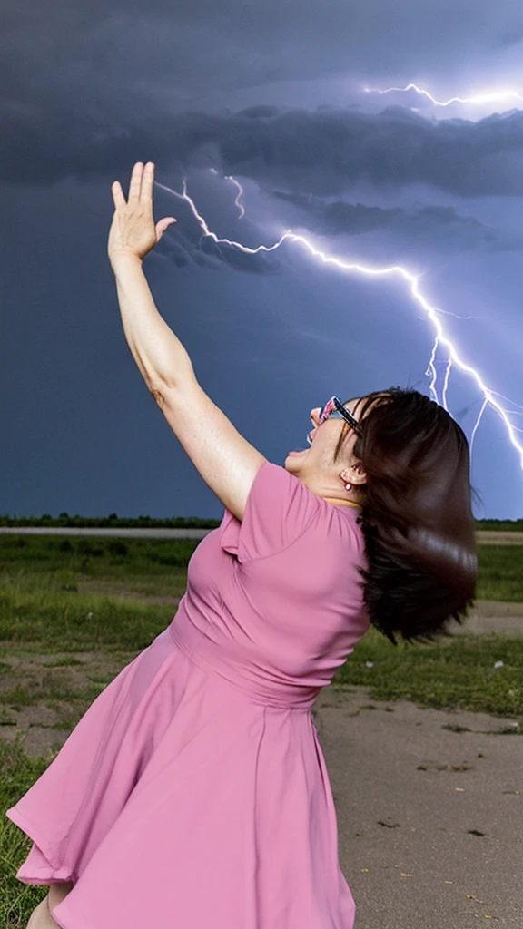 Storm, woman blowing in the wind, hair fluttering in the wind, blown away by the wind, Japanese woman, fat, glasses, pink dress, 69 years old, weight 200 kg, thick arms, flabby body, parted in the middle Short hair, forehead visible, big mouth, arms raised and waving from side to side, arms waving as if dancing, hair length to shoulders, eyes protruding, ugly, thunderstorms, conspiracy theorists, full of tornadoes, lightning strike