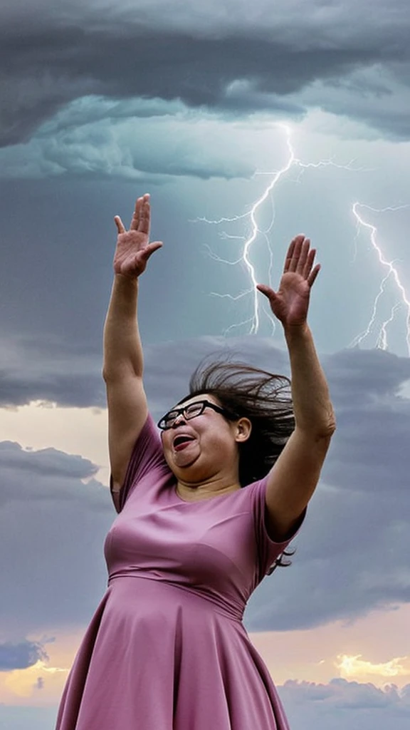 Storm, woman blowing in the wind, hair fluttering in the wind, blown away by the wind, Japanese woman, fat, glasses, pink dress, 69 years old, weight 200 kg, thick arms, flabby body, parted in the middle Short hair, forehead visible, big mouth, arms raised and waving from side to side, arms waving as if dancing, hair length to shoulders, eyes protruding, ugly, thunderstorms, conspiracy theorists, full of tornadoes, lightning strike