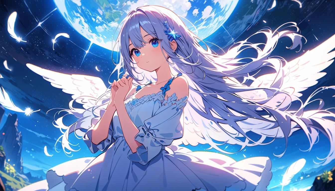 (best quality:1.2),(hands finger 5 digits:1.3),(extremely delicate and beautiful:1.3),(detailed ultra detailed:1.2),(scenery clear details:1.2),(scenery crystal clear :1.2),(solo),(blue eyes),(long white long hair),(white dress),(angel wings),(floating white feathers,starry sky),(clusters of stars,starry sky),(glinting stars),(solo),(long silver long hair),(best quality:1.2),(hands finger 5 digits:1.3),(extremely delicate and beautiful:1.3),(detailed ultra detailed:1.2),(scenery clear details:1.2),