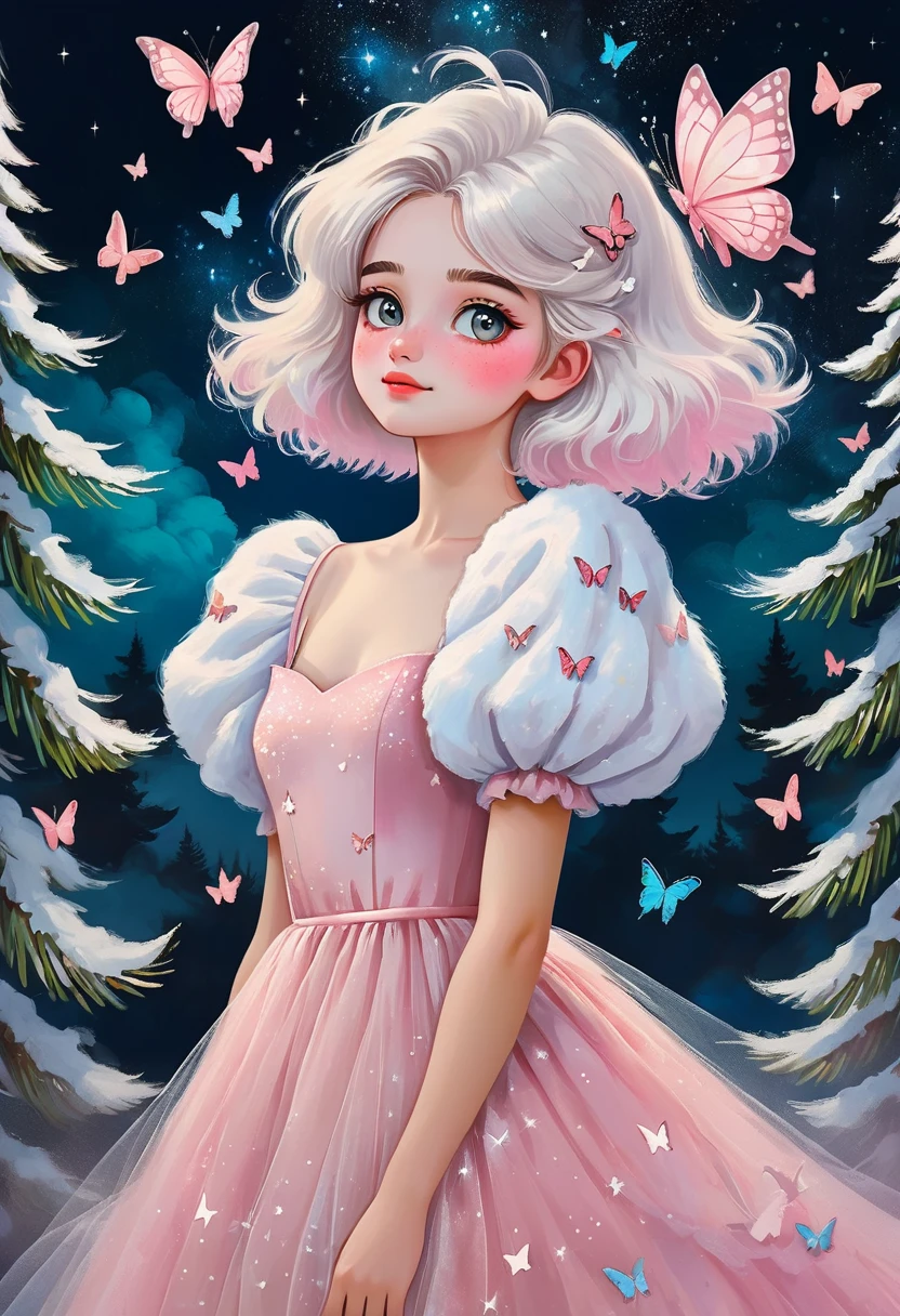 Rafael Silveira Collage Painting，Oil painting brush strokes，Oil painting texture：Girl Portrait，Starry Eyes，White fluffy hair，There is a pine tree on my shoulders，Puff Sleeve Princess Tulle Dress-Tulle，Butterflies in the sky，Luminescence，Soft pink，Dark solid background