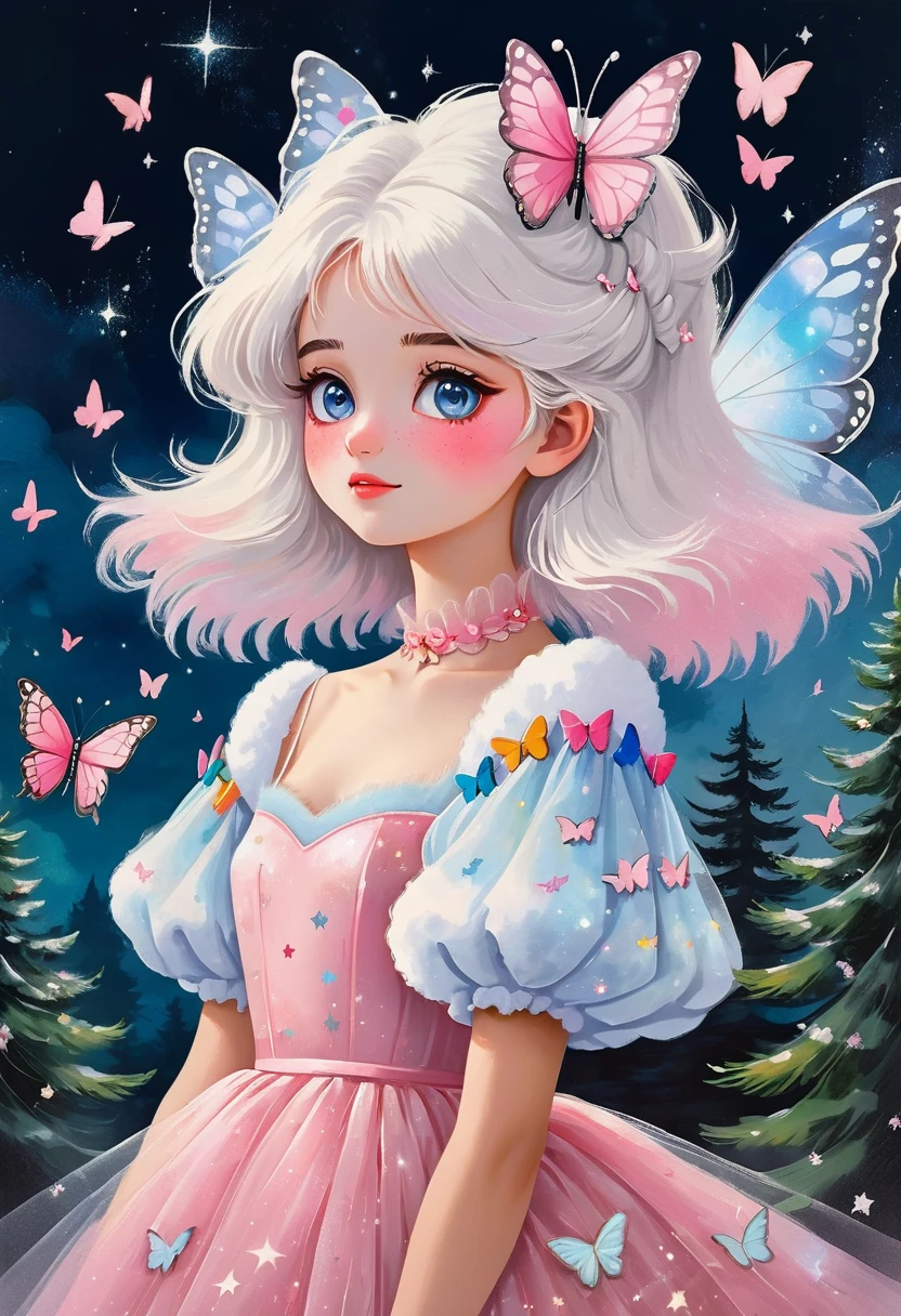 Rafael Silveira Collage Painting，Oil painting brush strokes，Oil painting texture：Girl Portrait，Starry Eyes，White fluffy hair，There is a pine tree on my shoulders，Puff Sleeve Princess Tulle Dress-Tulle，Butterflies in the sky，Luminescence，Soft pink，Dark solid background