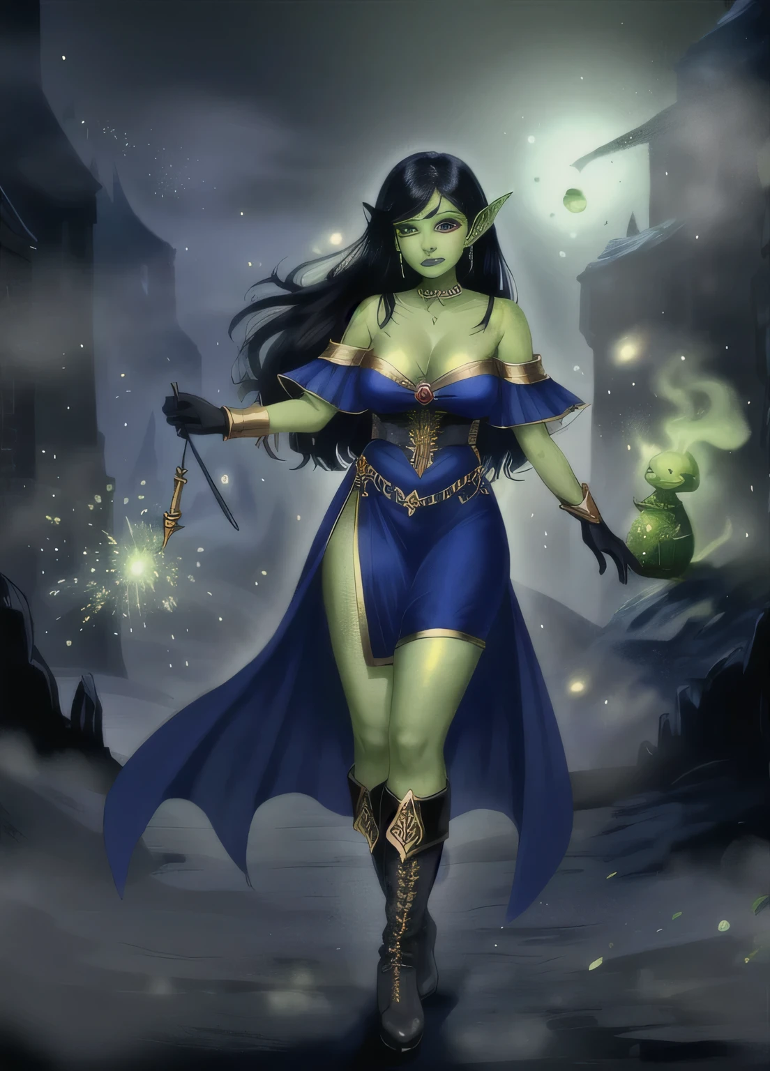 roshni swathi, score_8_up, score_7_up, cowboy shot of beautiful goblin girl, ((green skin)), red eyes, long black hair, (dressed in very hot blue and gold sorceress clothes), wearing black wizard gloves and wizard long boots, particles, dark dungeon, particles, night, fog fantasy, full body art