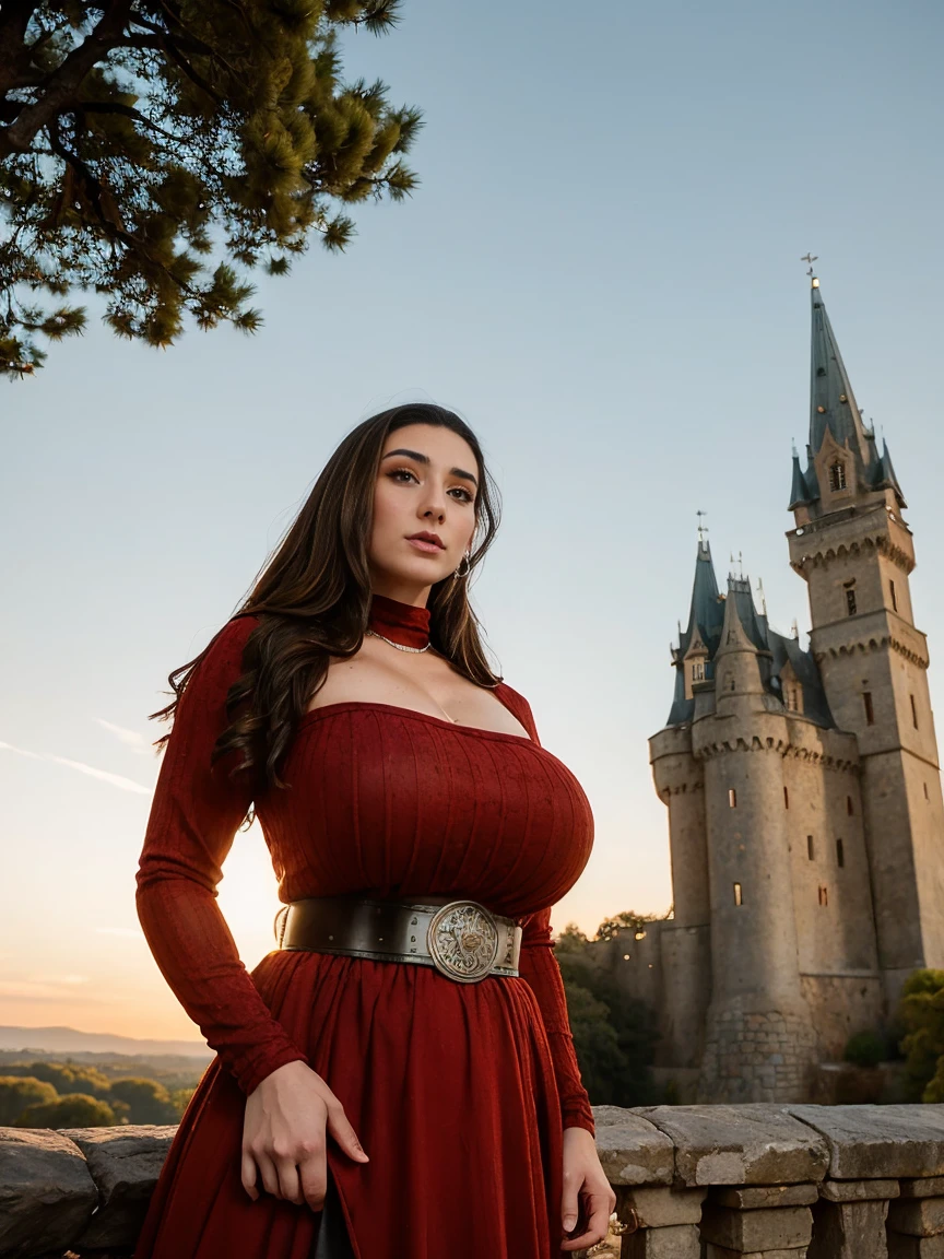 Gorgeous and sultry busty athletic (thin) brunette queen with sharp facial features wearing a modest updo, dark red medieval dress, long sleeves, intricate patterns, scrollwork, wide neck, crown, veil, long dress, modest dress, tight bodice, silver belt, (waist chain), medieval jewelry, Middle Ages, castle, rampart, wall, exterior, on top of a castle wall, trees, countryside, evening, sunset.
