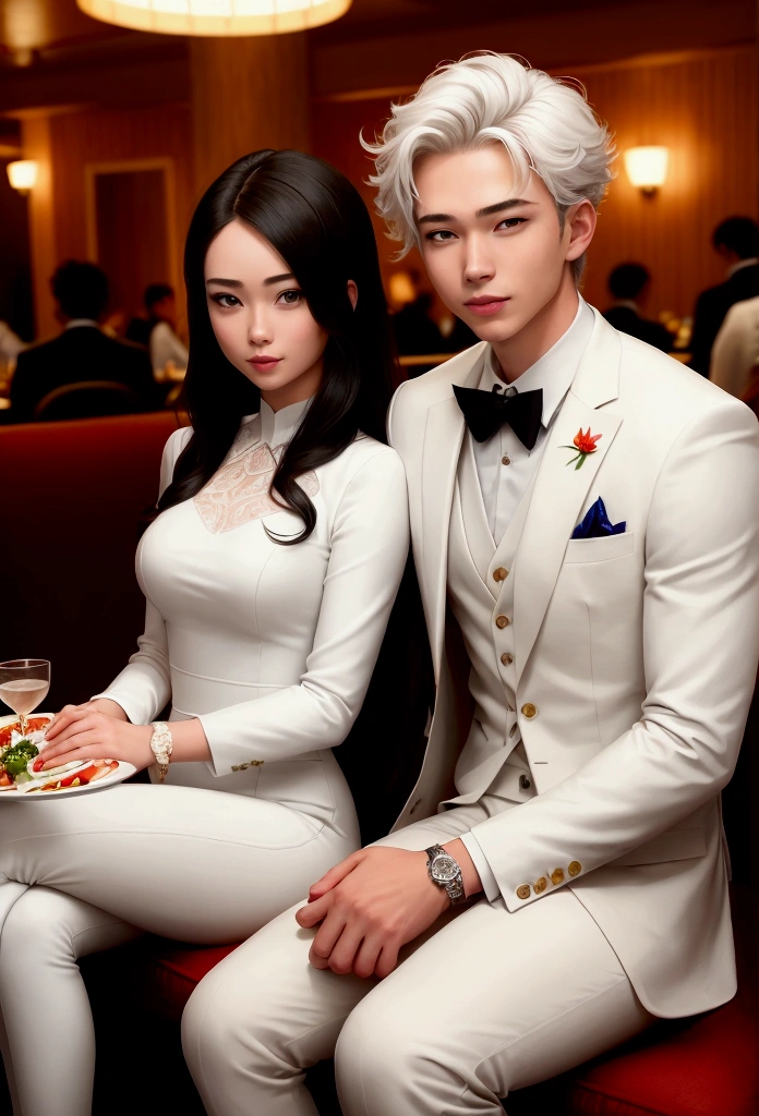 Happy couple, 1 girl 1 boy, different hair color, face to face, romantic, hands in hands, white suit, restaurant, sitting down, foods, mouth opens, talking, sushi