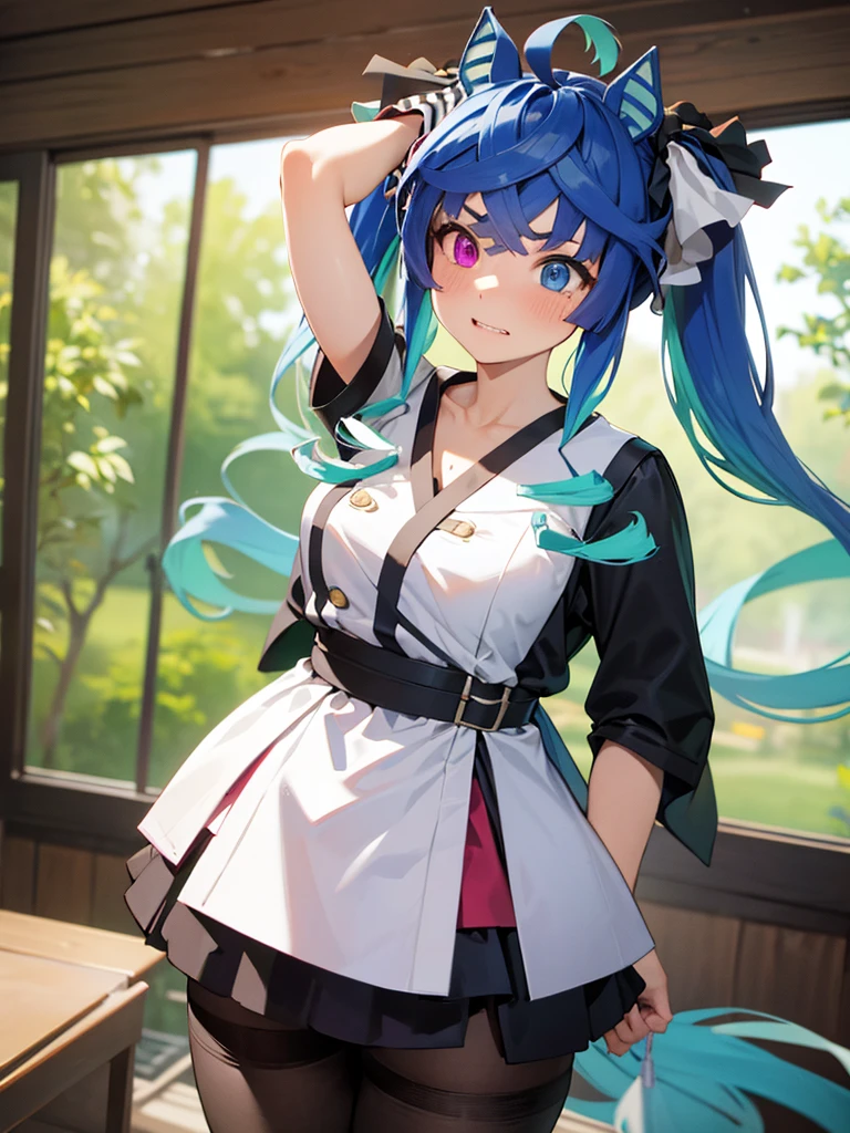 (Masterpiece, best quality, high res、highly detailed cg: 1), 'Are you sure your first time having sex is with your aunt?' Create a picture of a married woman who is shy and seems less than full of being seen as a woman. Her expression is a mixture of embarrassment and slight pleasure, and her body movements show a little awkwardness and a little pride. Make this a suitable place for the sex that is about to take place. Lascivious, (35 years old), Twin_Turbo_Umamusume, aqua hair, twintails, heterochromia, purple eyes, blue eyes, sharp teeth,hores tails, nsfw,  women, (Midwives)