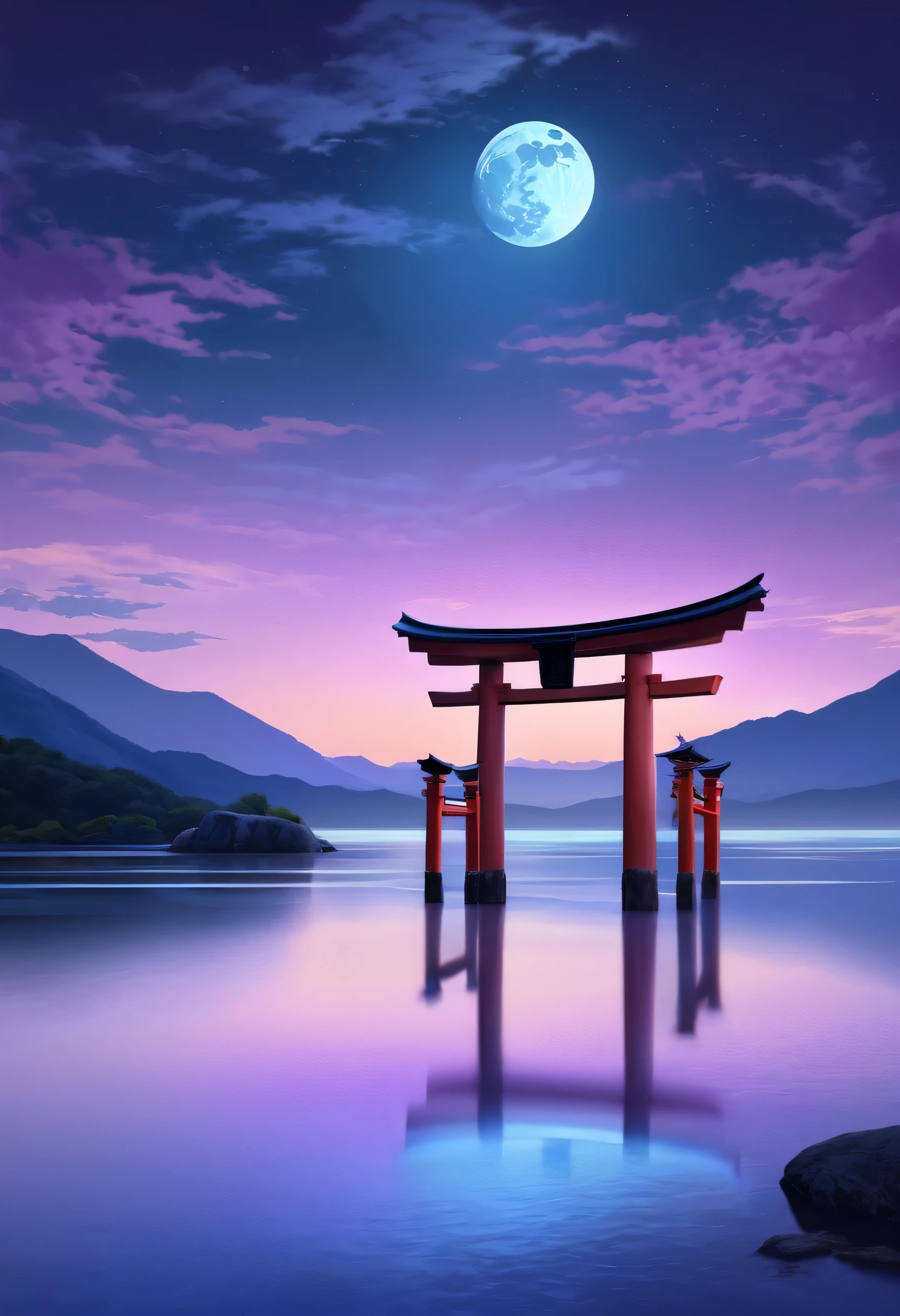 A breathtaking scene featuring a torii gate standing in the water under a full moon. The sky is filled with scattered clouds, painted in hues of blue and purple, creating a serene and mystical atmosphere. The reflection of the moon and the gate shimmers on the calm surface of the water. The horizon is adorned with distant mountains and a faint hint of sunset, adding to the ethereal beauty of the scene.