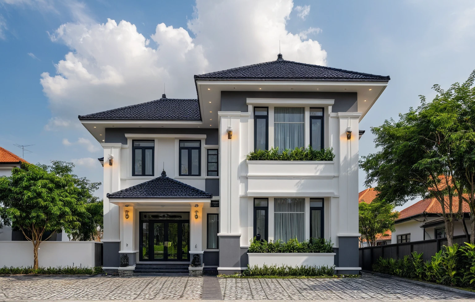 (masterpiece:1.2), best quality, photo of A two-story modern house in VietNam with white walls and dark tiles on the roof., tree and plant environment,daylight, streetcapes, natural light, vivid color, The exterior of an elegant single family home features large windows, a dark gray door frame.