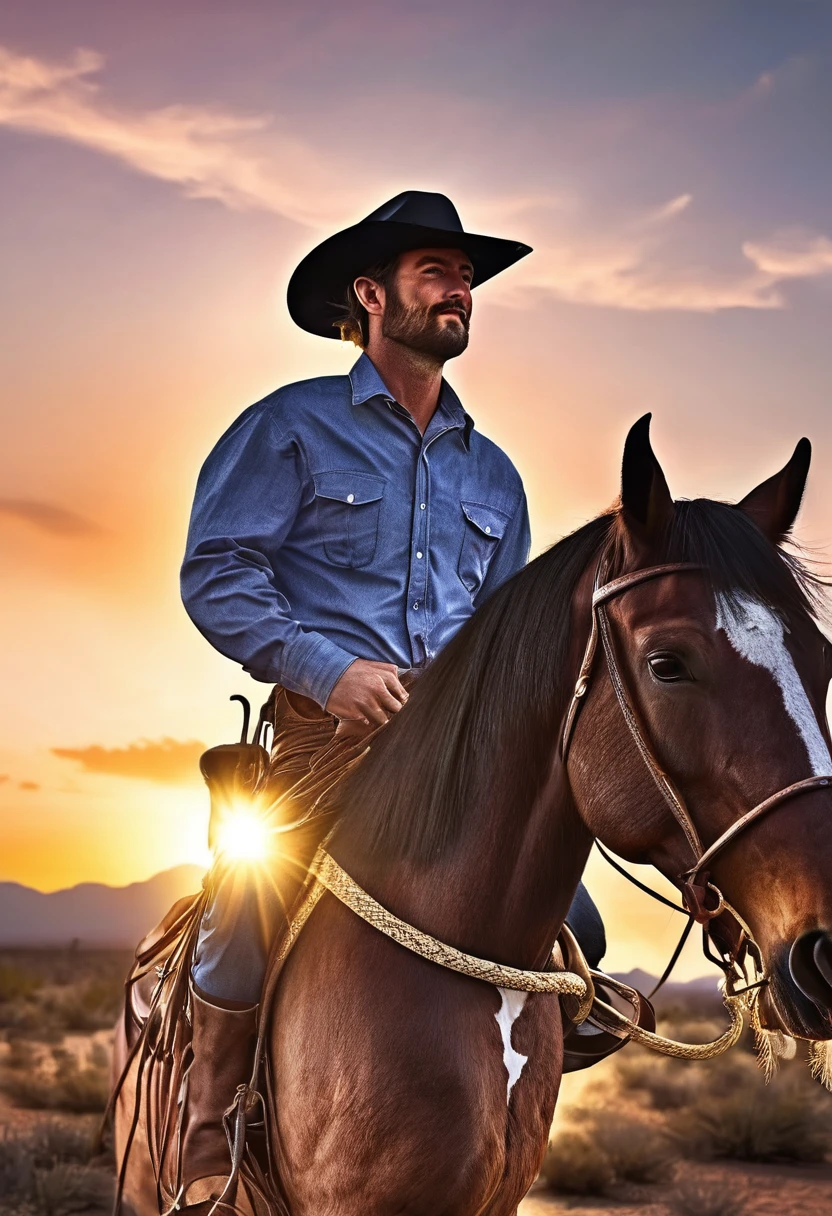 1 cowboy, rodeo, western, cowgirl, cowboy hat, lasso, horse, ranch, sunset, desert, action pose, detailed face, (best quality,4k,8k,highres,masterpiece:1.2),ultra-detailed,(realistic,photorealistic,photo-realistic:1.37),cinematic lighting,dramatic shadows,vibrant colors,dynamic composition