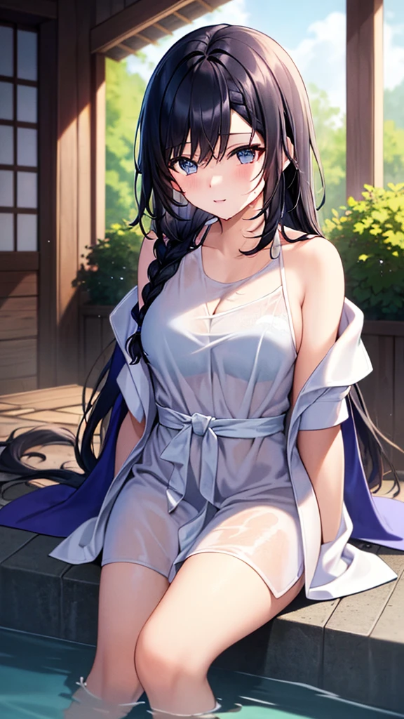 (((Masterpiece))),(((Best quality))),((Super detailed)),(illustration),A black-haired, blue-eyed girl is bathing in the water,A long braid on the shoulder,((Wearing a very revealing white bathrobe)),Sit in the bathhouse,Black hair,Soaked