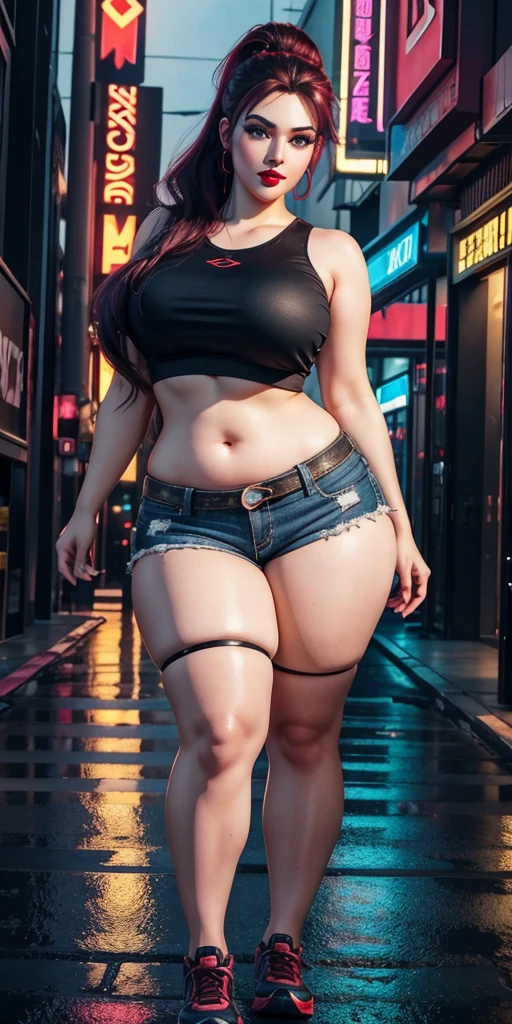 (masterpiece, best quality, expressive eyes, perfect face, hyper-realistic detailed face), Ultra HD, 4K, HDR, (8K), 3D cyberpunk street, gaming hubs, neon cyberpunk theme, night, futuristic, (1024K), reflections, glass, mirrors, RTX 4090 ti, ray tracing, high octane render, (Doll in cyberpunk streets, gorgeous), (curvy), age 20, confident smirk, wearing shorts, high ponytail, (((red lips))), (((anime like eyes, thick eyelashes))), ((raised arrogant eyebrows)), ((heavy makeup)), pink cheeks, perfect body, (wide hips, wide waist, torso, belly, navel), (curvaceous figure), sweaty skin, (youthful skin), pale white skin