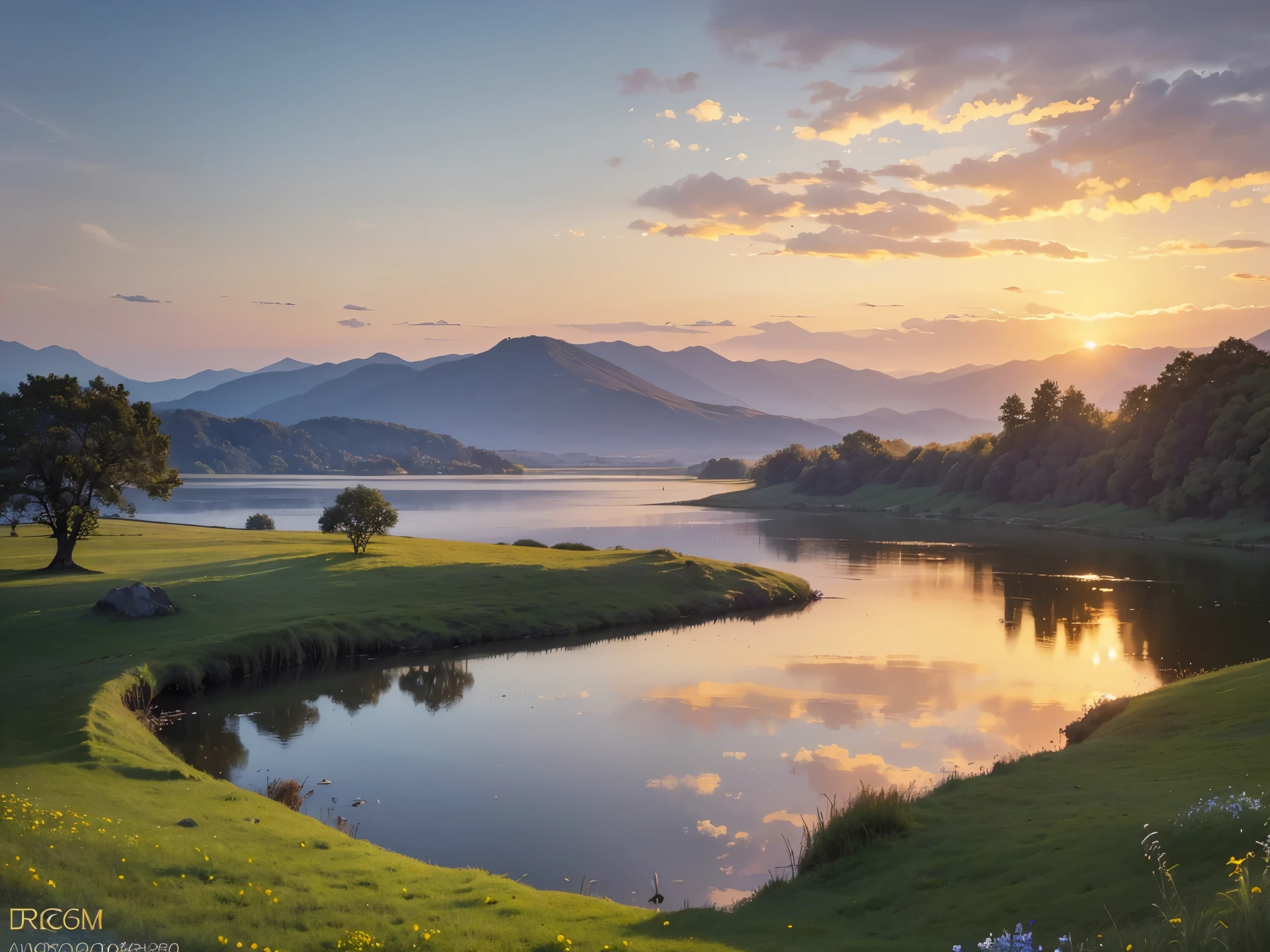 a serene morning landscape, a beautiful golden sunrise over the horizon, a lush meadow with wildflowers, a tranquil lake reflecting the sky, a lone tree silhouetted against the dawn sky, birds taking flight, atmospheric lighting, warm color tones, cinematic composition, (best quality,4k,8k,highres,masterpiece:1.2),ultra-detailed,(realistic,photorealistic,photo-realistic:1.37),landscape,nature,morning,dawn,scenic,peaceful,idyllic,serene,atmospheric,cinematic
