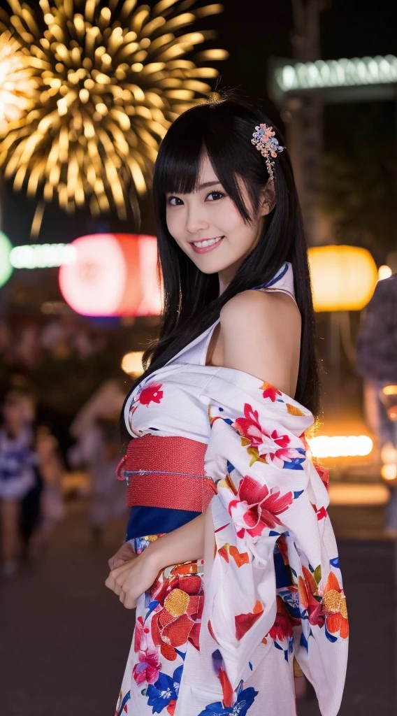 ((Masterpiece，Highest quality，Highest quality，8k，16K，Ultra-high resolution，Extremely detailed，Hyper Quality))，Japanese，Yamato Nadeshiko，Japanese Beauty，Female college student，clear，pure，Cute Girls，Large Breasts(G Cup)，yukata，Summer festival，firework，night，(Summer festivalのnight女の子がyukataしっかりと着こなしfireworkをバックに楽しそうに佇んでいる様子)