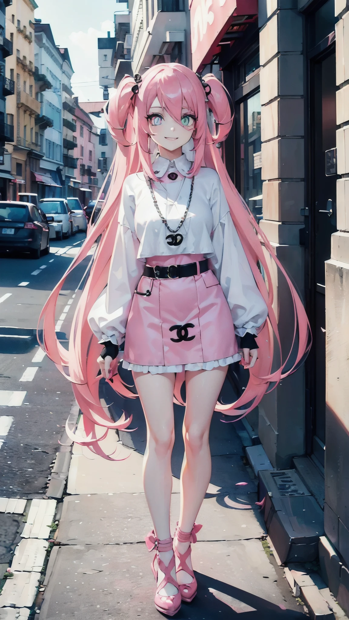 (street snap, Wearing CHANEL and looking happy. )(((masutepiece))) fullllbody(1 girl)((Pink hair, Long hair,Straight hair,two side up)) (Green eyes),eyeshadows, eye line,gloweyes, ultradetailed eyes, intricate eyes, Beautiful eyes, ((Glowing pink pupils))a 18 year old girl,