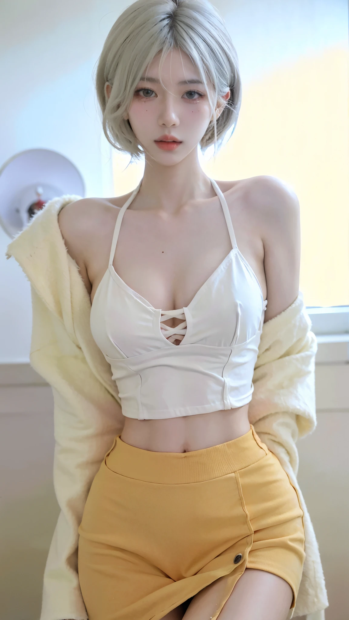 Beautiful woman with perfect figure:1.4，Ultra-high resolution，White background，（lifelike：1.4），Layered Hairstyle，White skin，Bikini:1.5，Super short pleated skirt，whole body，Very delicate face and skin texture，Double eyelids，Skin Whitening，short hair，White hair