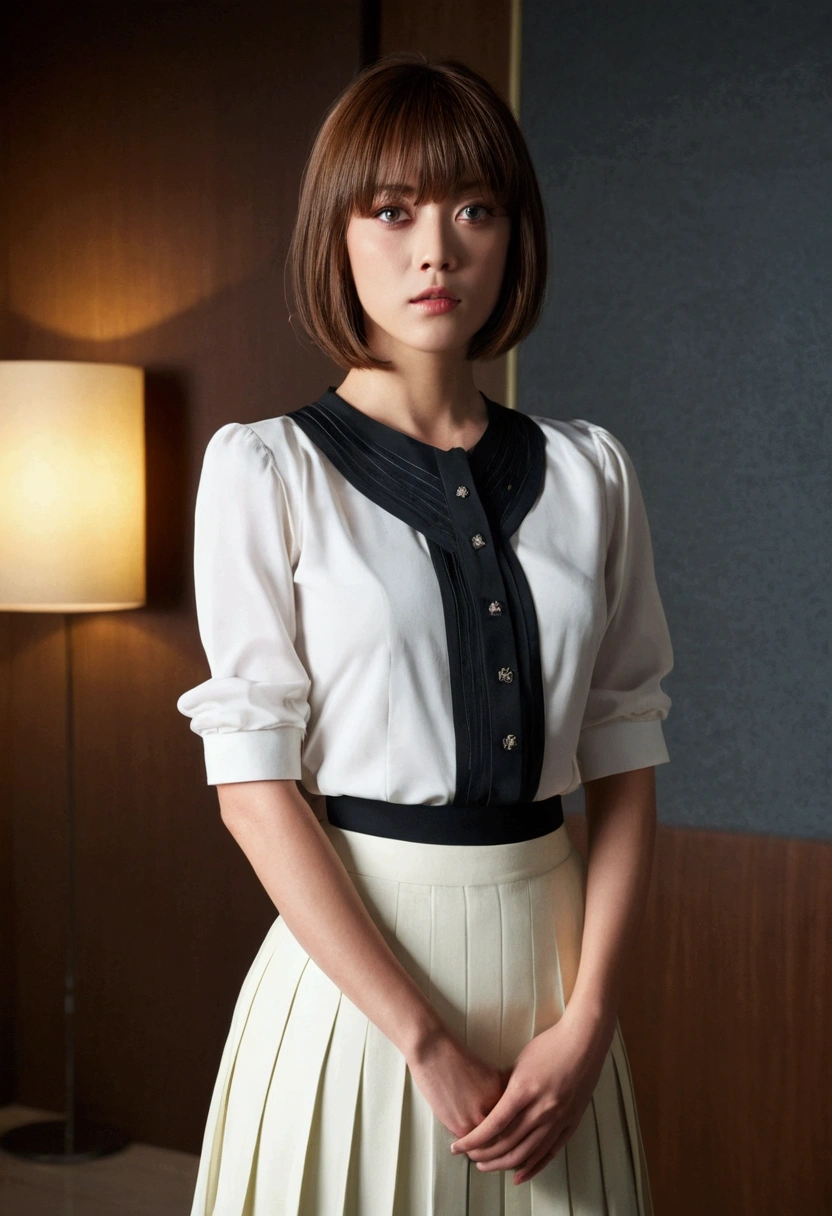 (Upper Body) , masterpiece , Highest quality , Very detailed , 1 person, (Contrasting Eyes) , Are standing , blouse, skirt , bangs , room , indoor